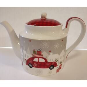 Stechcol Gracie China Red Plaid Red Car Christmas Teapot 4 Cup Dishwasher Safe